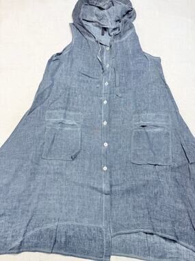 Inizio 100% Natural Linen Dress Medium M Blue Slate Hooded Button Front Maxi